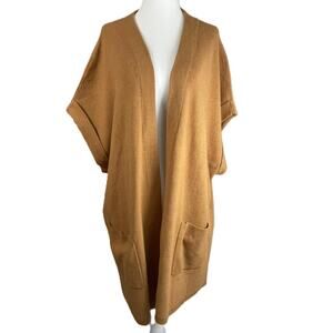 J Jill XL Cardigan Open Front Short Sleeve Pocket Tan Camel Knit Sweater